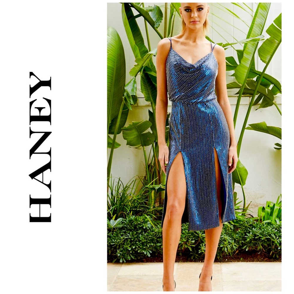 NWT Haney Elise Sequin Embellished Thigh-Slit Midi Cocktail Dress Flapper Gatsby - Picture 4 of 16
